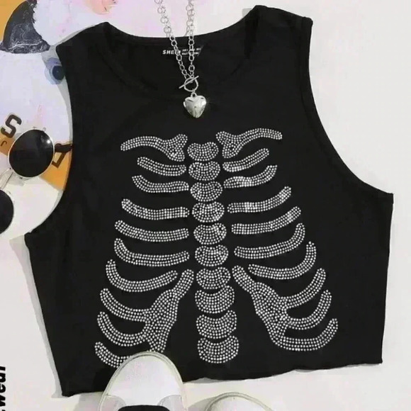 Rhinestone Skeleton Studded Pattern Cropped Tank Top Muscle Shirt size Medium - Picture 1 of 9